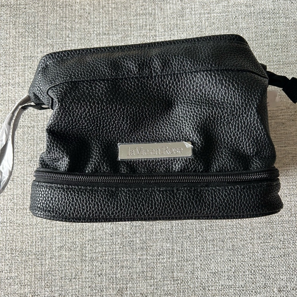 La Vie En Rose Black Cosmetic Bag with Textured Leather